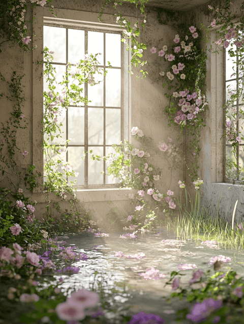 Sunlit Flower Room: photorealistic, interior — AI-generated Concept Art image made with Midjourney