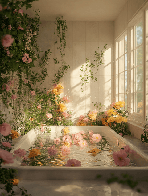 Floral Bathtub Sanctuary: flowers, bathtub — AI-generated Concept Art image made with Midjourney