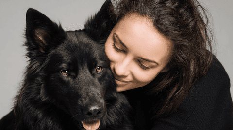 Young Woman with Black Dog: photorealistic, dog — AI-generated Photorealistic image made with Midjourney