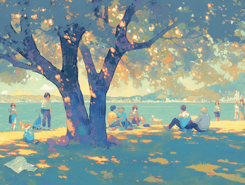 Summer Afternoon by the Lake: illustration, people — AI-generated Concept Art image made with Midjourney