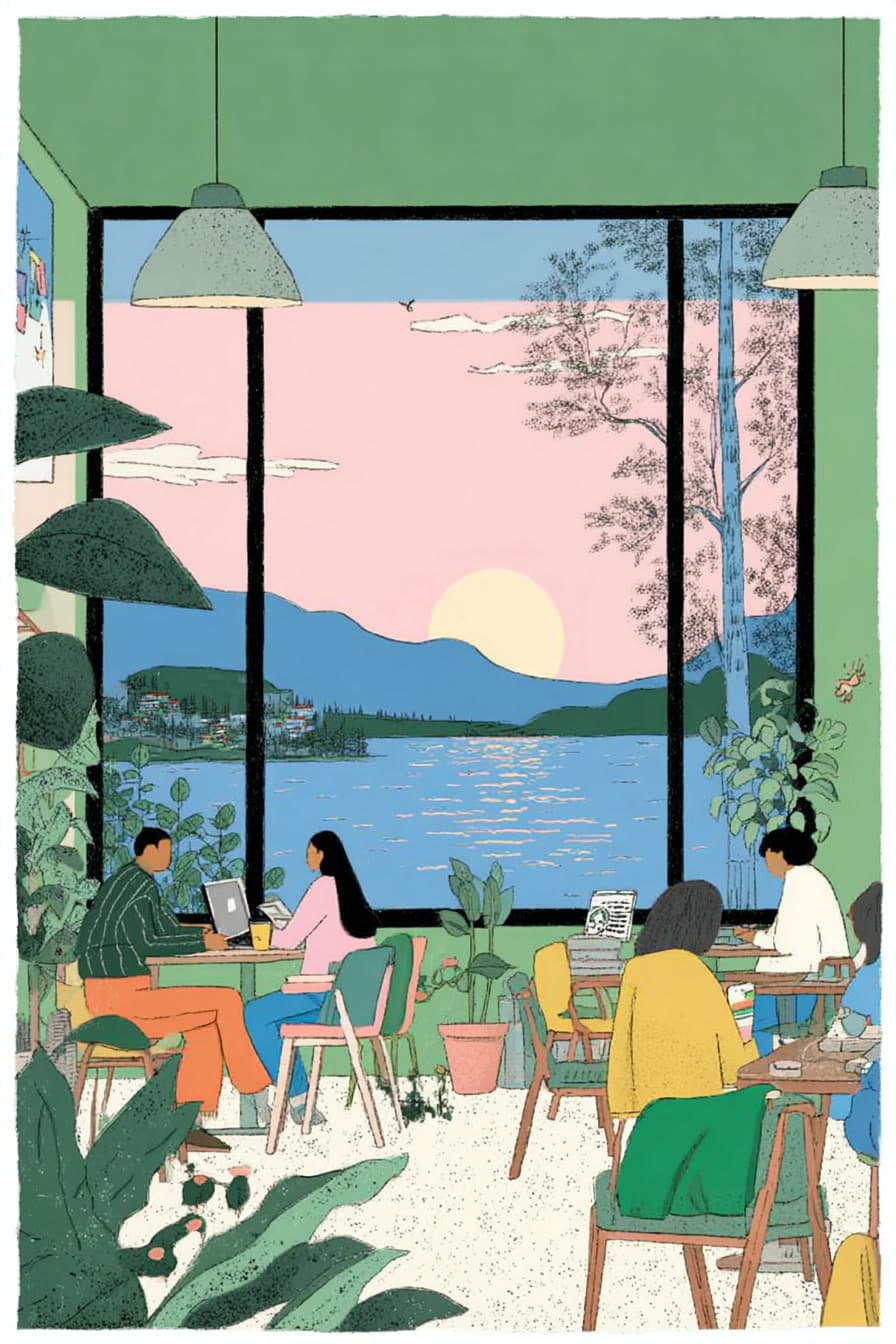 Lakeside Cafe Illustration: illustration, cafe — AI-generated Concept Art image made with Midjourney