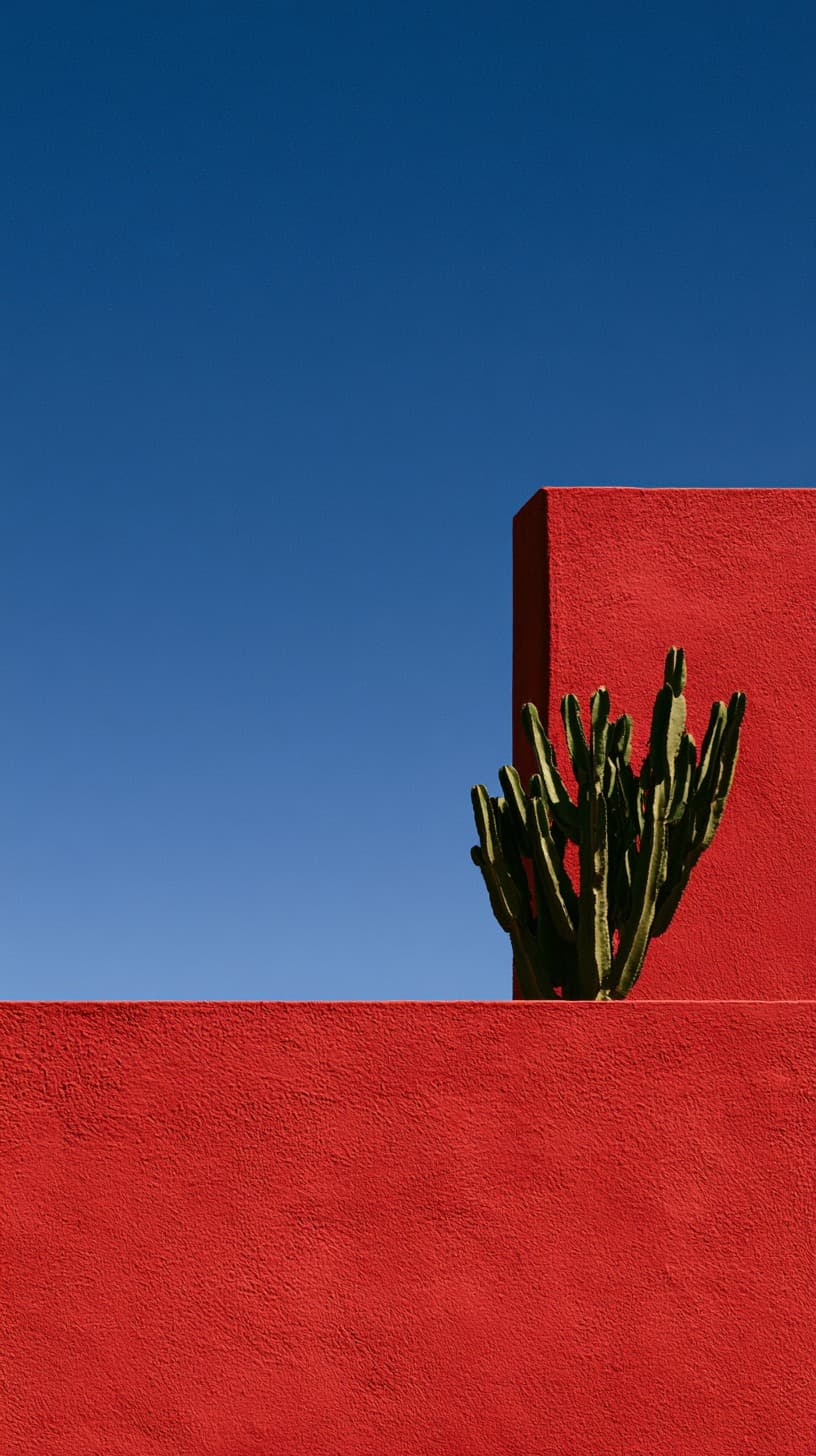 Cactus on a Red Wall: architecture, minimal — AI-generated Architecture image made with Midjourney