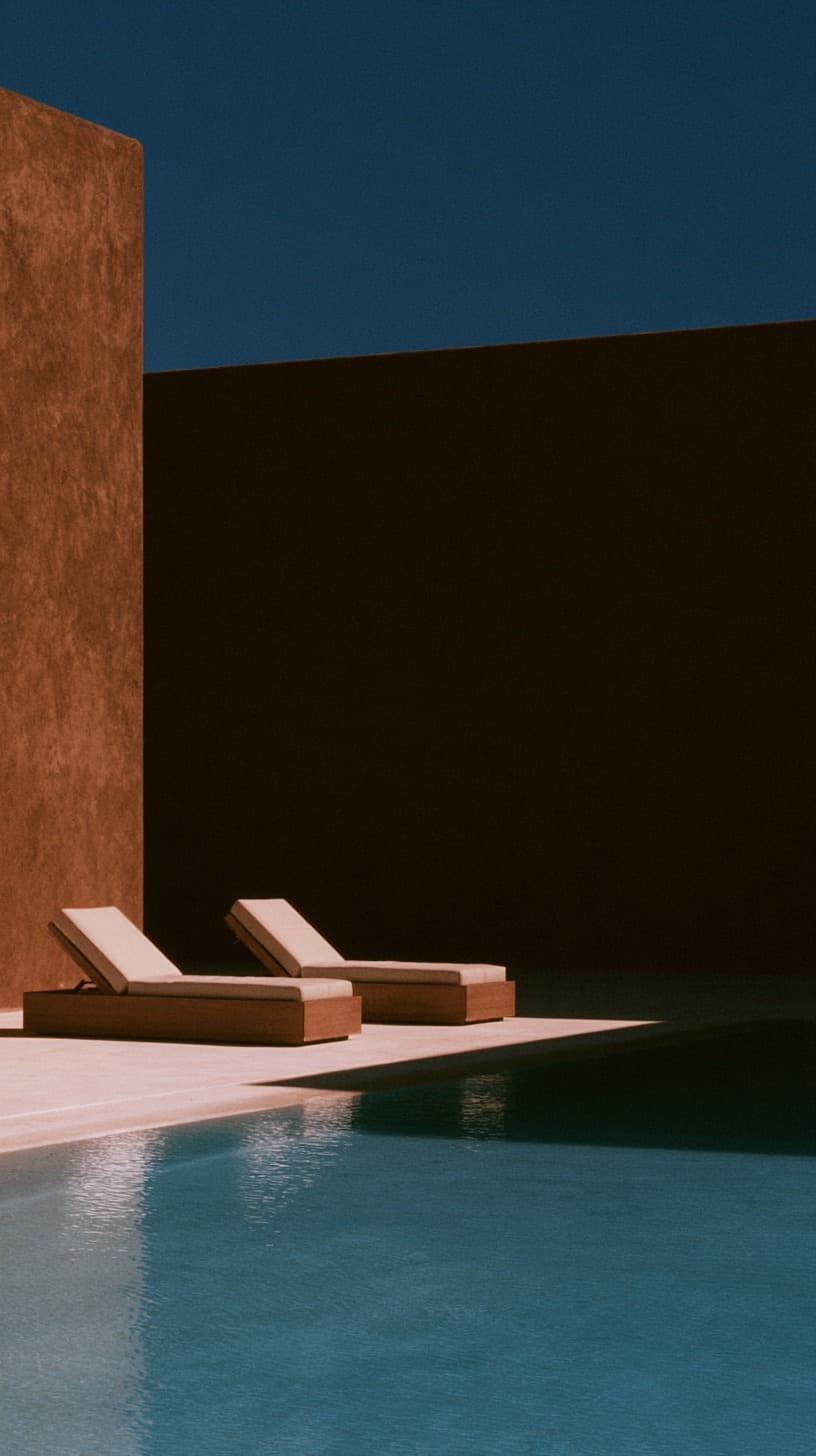 Terracotta Poolside Shadow: architecture, pool — AI-generated Architecture image made with Midjourney