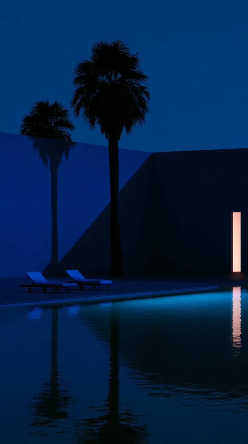 Palms at Blue Hour: architecture, pool — AI-generated Architecture image made with Midjourney