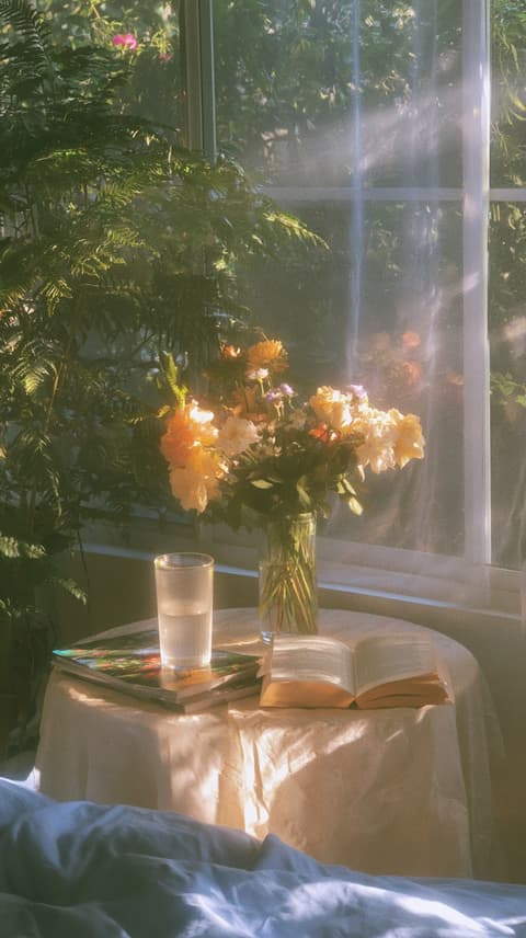 Sunbeam Over a Bedside Table: flowers, sunlight — AI-generated Photorealistic image made with Midjourney