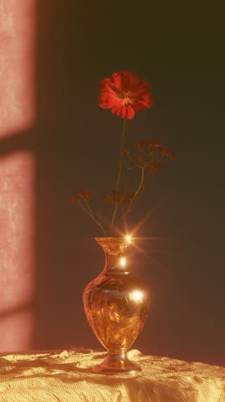 Red Bloom in a Brass Vase: flowers, still life — AI-generated Photorealistic image made with Midjourney