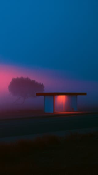 Bus Stop in Blue Fog: roadside, fog — AI-generated Photorealistic image made with Midjourney