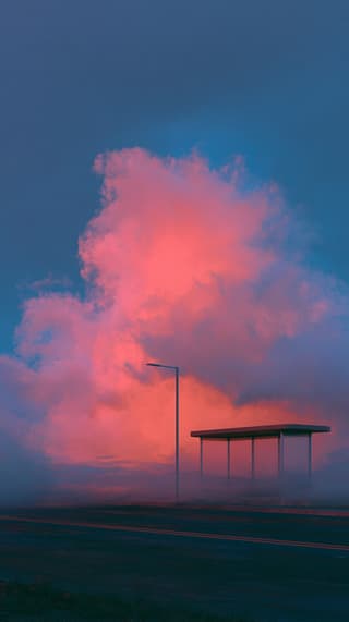 Shelter Under a Pink Cloud: roadside, clouds — AI-generated Photorealistic image made with Midjourney