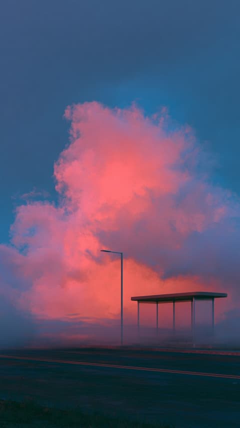 Shelter Under a Pink Cloud: roadside, clouds — AI-generated Photorealistic image made with Midjourney