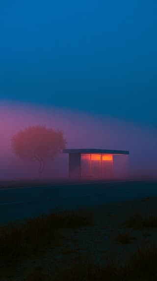 Last Light at the Bus Stop: roadside, fog — AI-generated Photorealistic image made with Midjourney