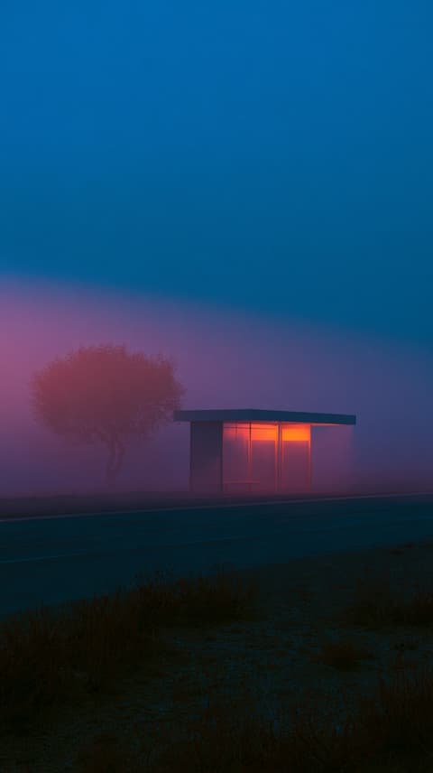 Last Light at the Bus Stop: roadside, fog — AI-generated Photorealistic image made with Midjourney