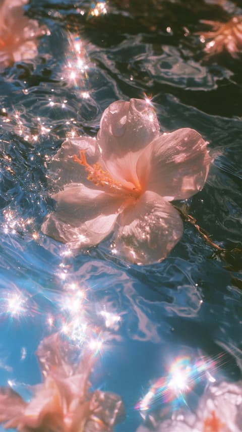 Hibiscus on Sunlit Water: flowers, water — AI-generated Photorealistic image made with Midjourney