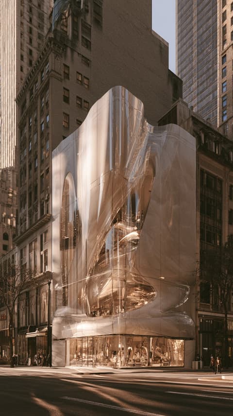 Wrapped Flagship on the Corner: architecture, storefront — AI-generated Architecture image made with Midjourney