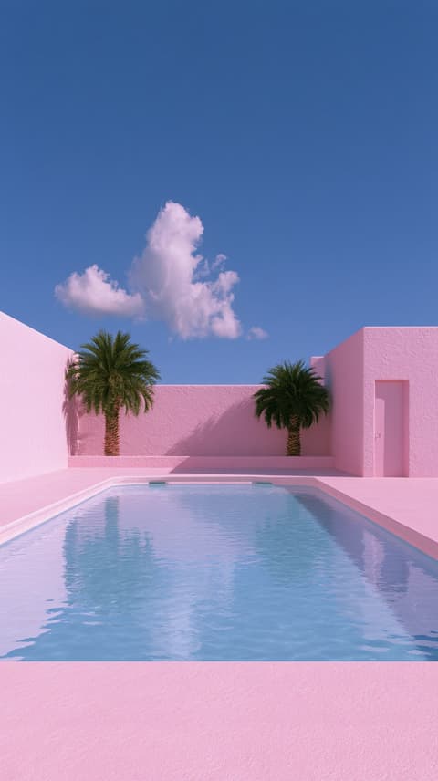 Pink Poolside, 1960s: pool, pink — AI-generated Photorealistic image made with Midjourney