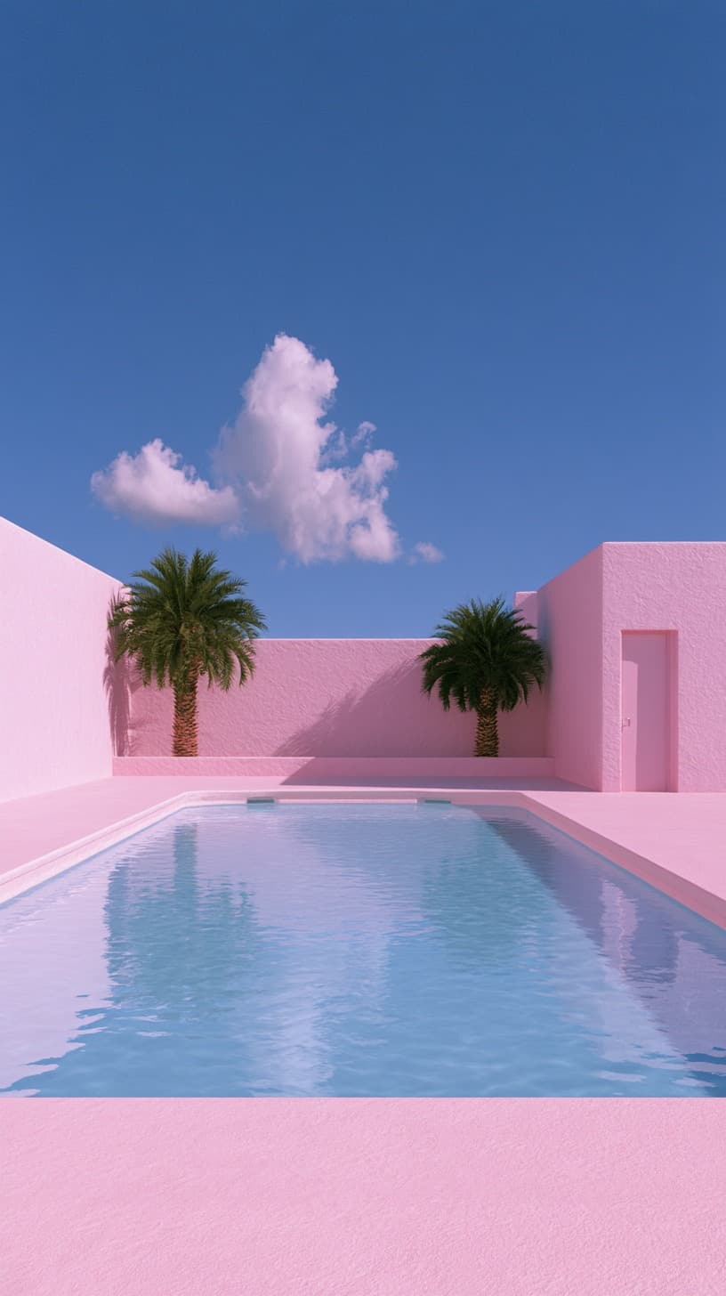 Pink Poolside, 1960s: pool, pink — AI-generated Photorealistic image made with Midjourney