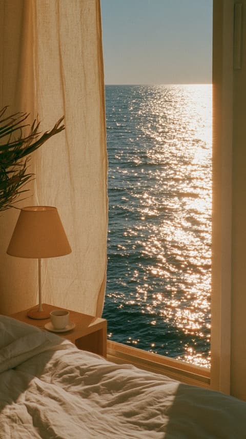 Lamp, Coffee, Ocean: bedroom, ocean view — AI-generated Photorealistic image made with Midjourney