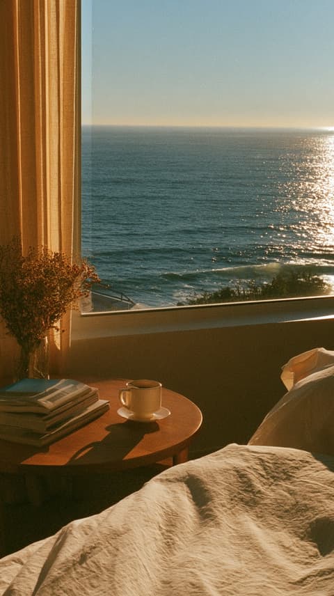 Reading Table at Sunrise: bedroom, ocean view — AI-generated Photorealistic image made with Midjourney