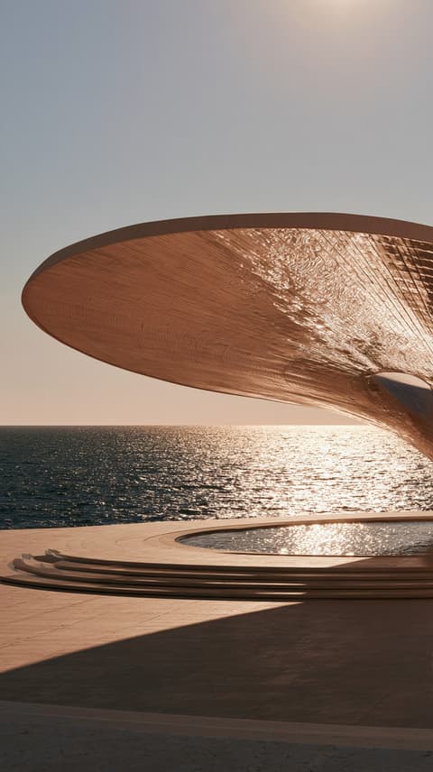 Fan Canopy Over the Pool: pavilion, canopy — AI-generated Architecture image made with Midjourney