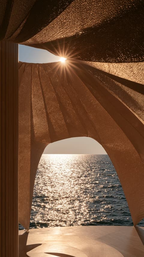 Woven Sunshade at Sunset: pavilion, woven — AI-generated Architecture image made with Midjourney