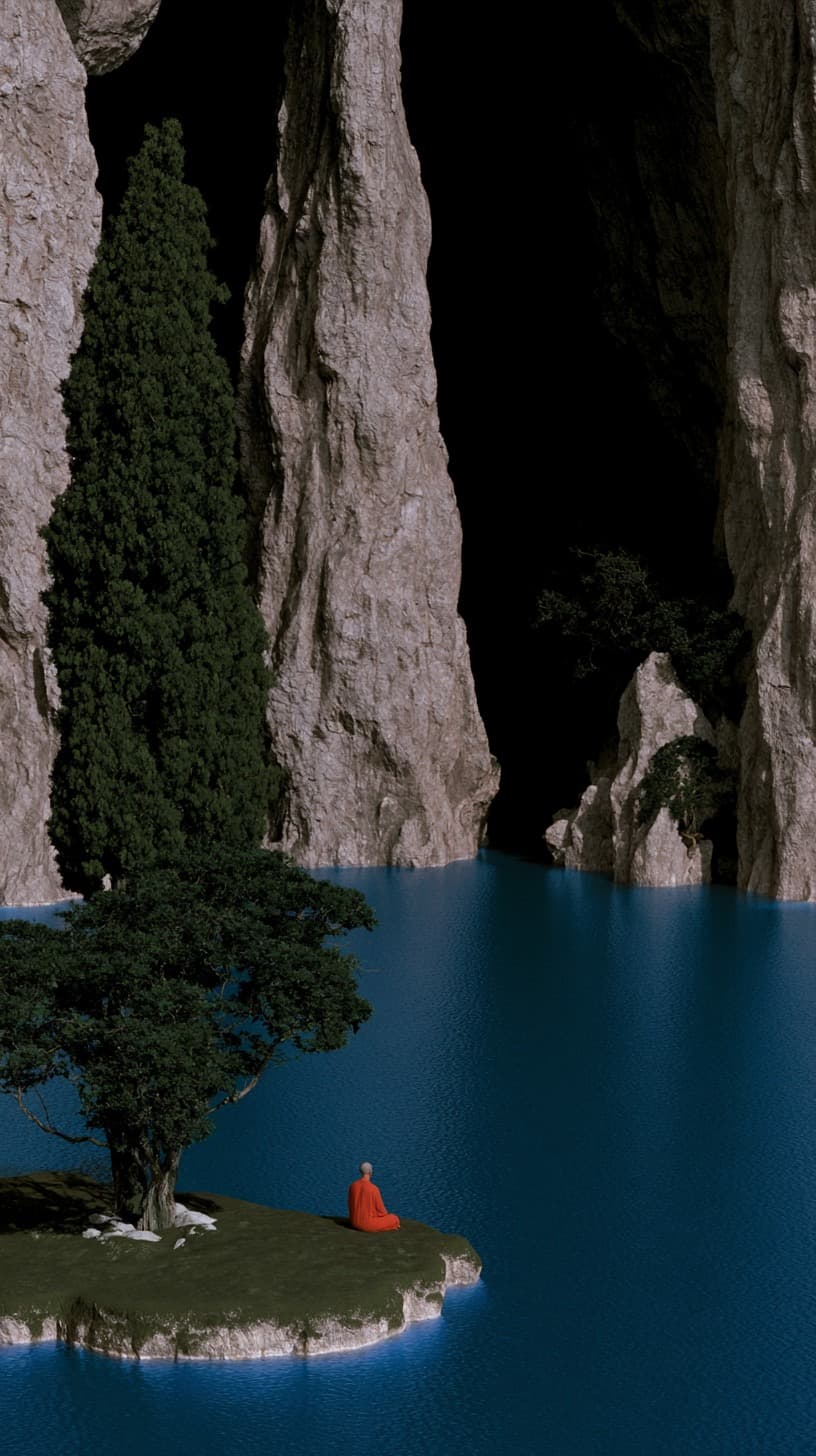 Monk on the Blue Water: monk, cypress — AI-generated Concept Art image made with Midjourney