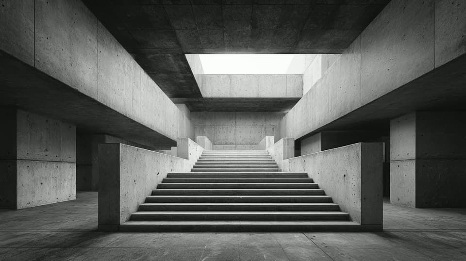 Brutalist Concrete Staircase: brutalist, architecture — AI-generated Architecture image made with Midjourney
