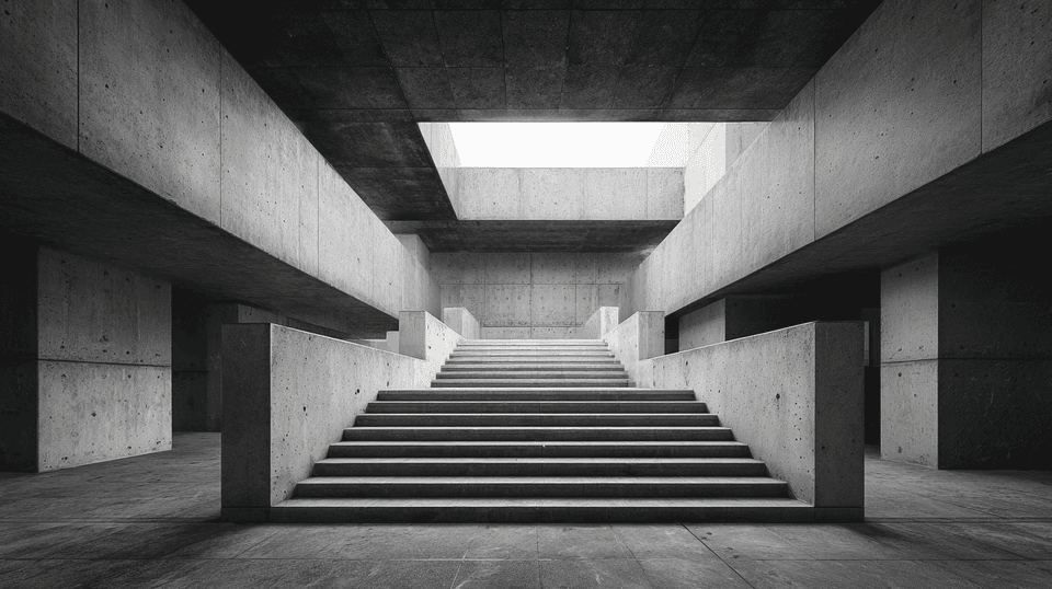Brutalist Concrete Staircase: brutalist, architecture — AI-generated Architecture image made with Midjourney