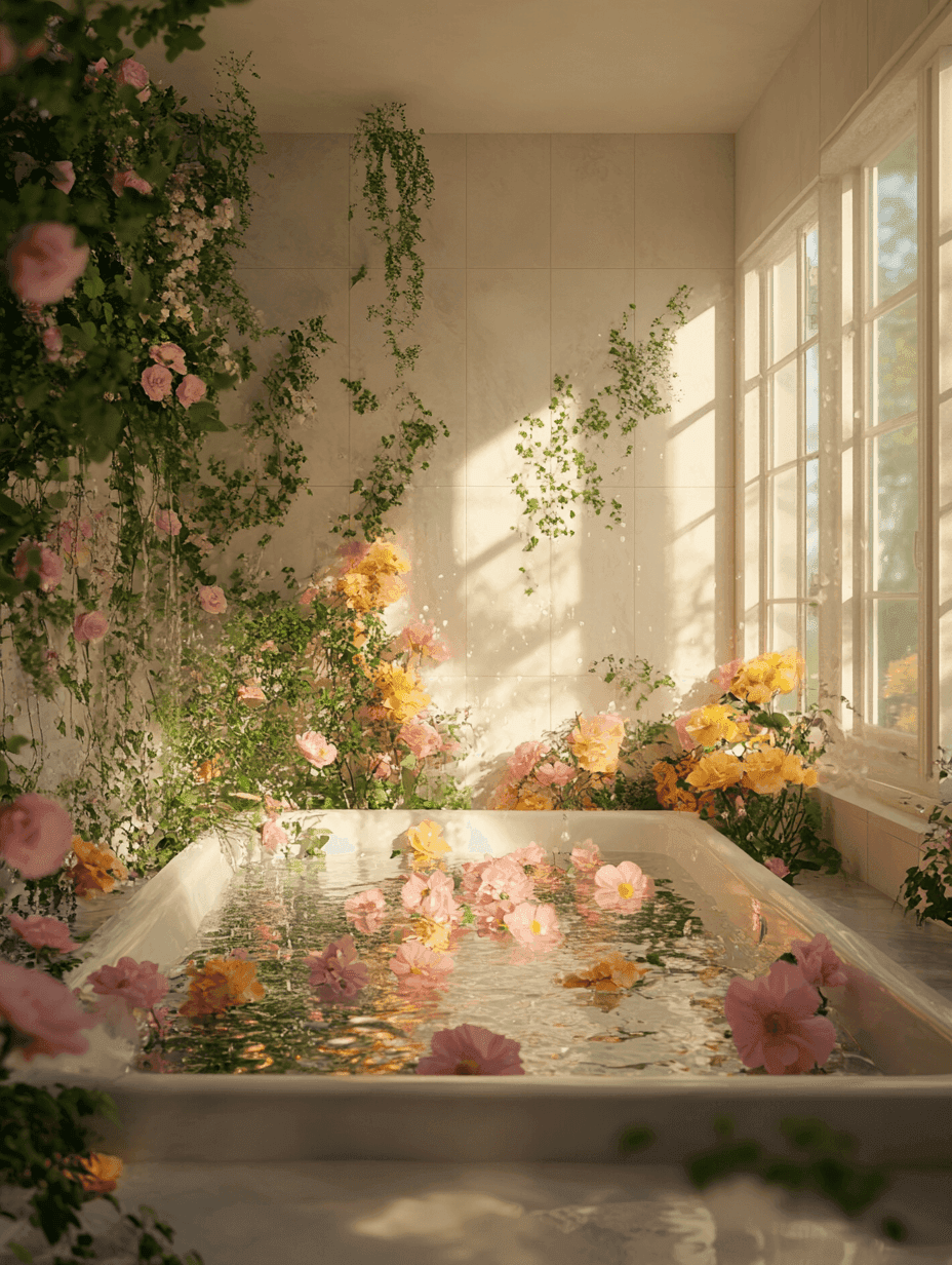 Floral Bathtub Sanctuary: flowers, bathtub — AI-generated Concept Art image made with Midjourney