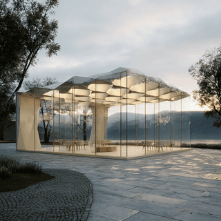 Glass Pavilion by the Lake: architecture, glass — AI-generated Architecture image made with Midjourney