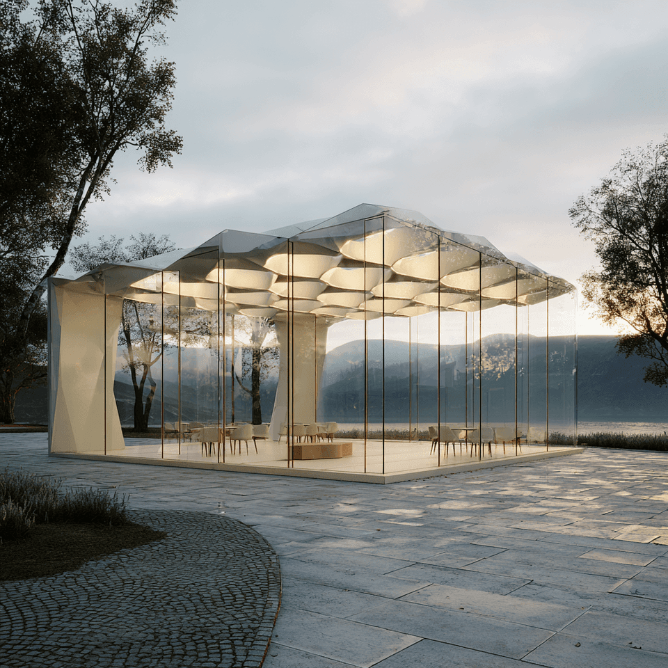 Glass Pavilion by the Lake: architecture, glass — AI-generated Architecture image made with Midjourney