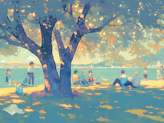 Summer Afternoon by the Lake: illustration, people — AI-generated Concept Art image made with Midjourney