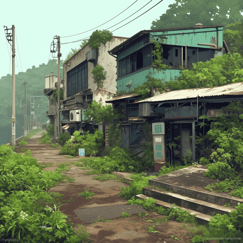 Overgrown Alleyway: abandoned, urban decay — AI-generated Concept Art image made with Midjourney