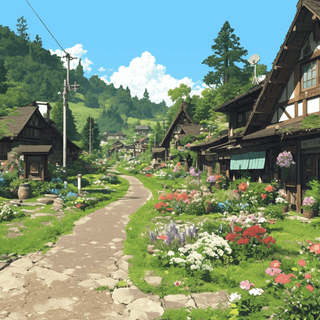 Bloom Village Path: village, flowers — AI-generated Concept Art image made with Midjourney