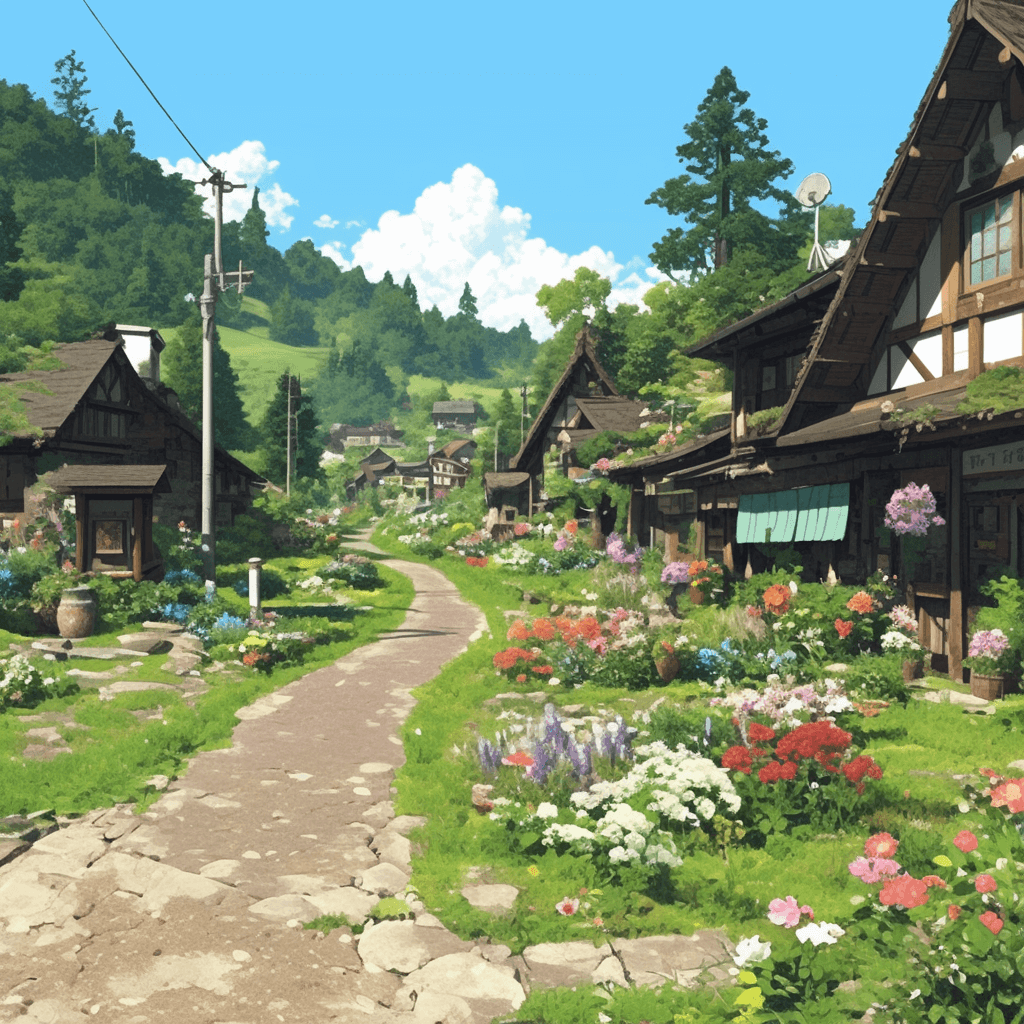 Bloom Village Path: village, flowers — AI-generated Concept Art image made with Midjourney