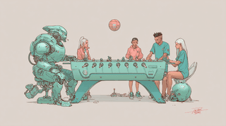 Cyborg Foosball Game: robot, foosball — AI-generated Concept Art image made with Midjourney