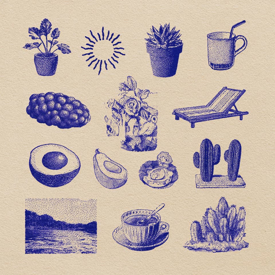 Blue Stipple Illustration Set: illustration, stipple — AI-generated Reference image made with Midjourney