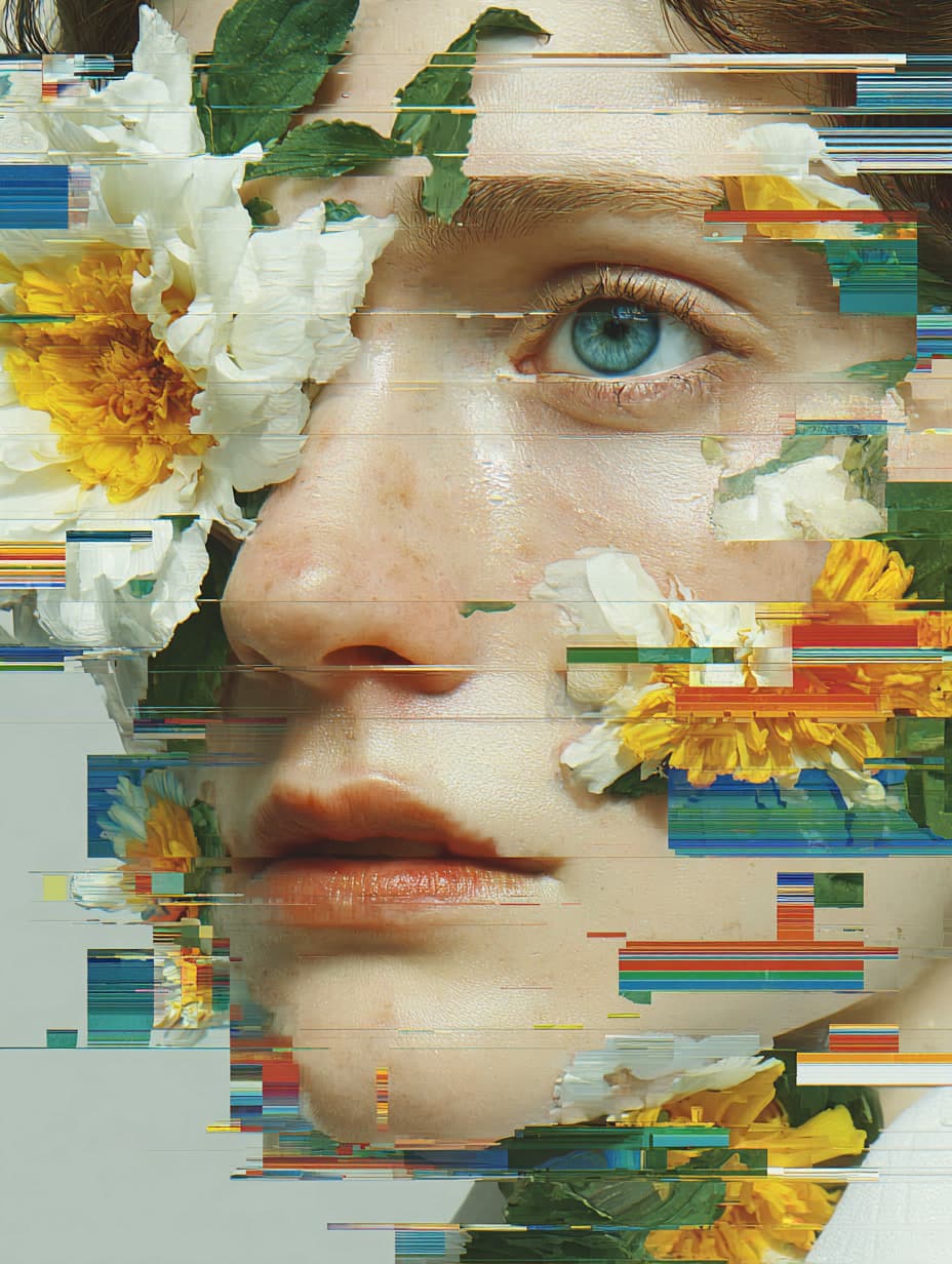 Glitch Floral Portrait: glitch, portrait — AI-generated Concept Art image made with Midjourney