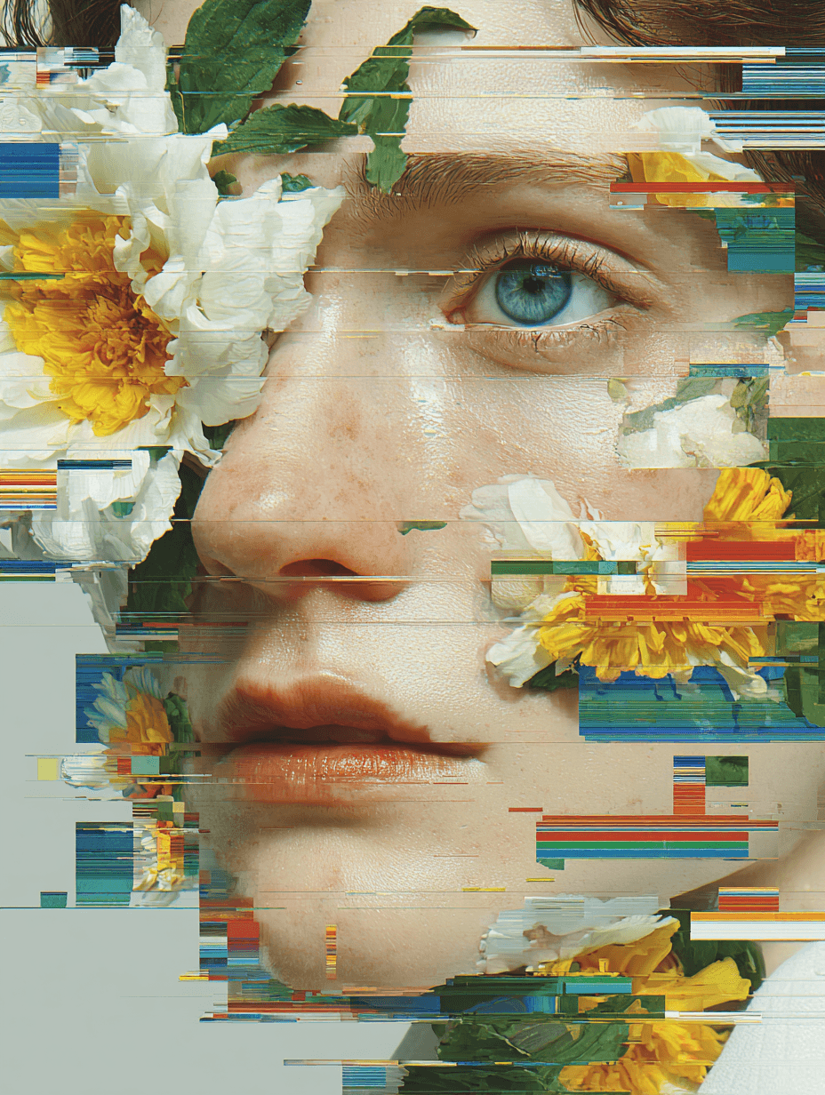 Glitch Floral Portrait: glitch, portrait — AI-generated Concept Art image made with Midjourney