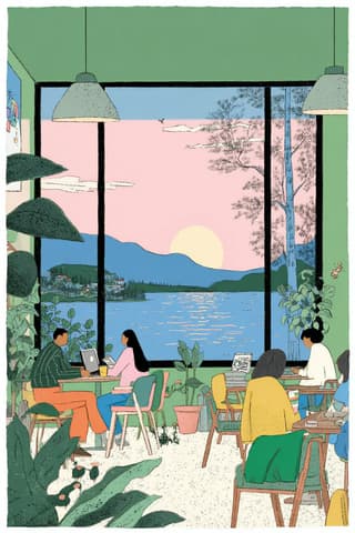 Lakeside Cafe Illustration: illustration, cafe — AI-generated Concept Art image made with Midjourney