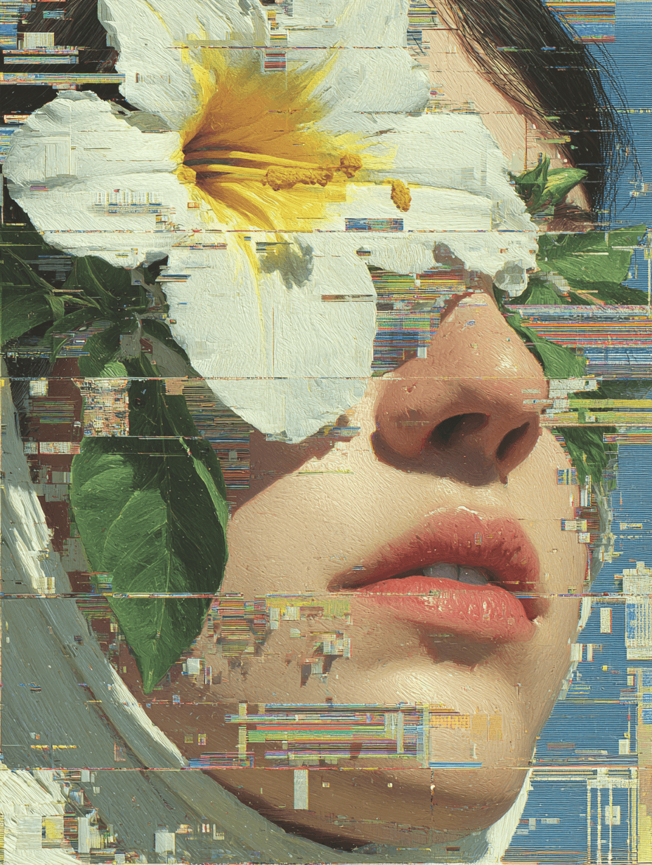 Painted Glitch Flower Face: painting, glitch — AI-generated Concept Art image made with Midjourney