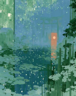 Moonlit Lily Pond: painting, pond — AI-generated Concept Art image made with Midjourney