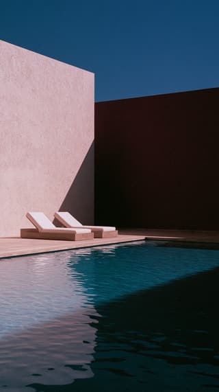Blush Walls and Still Water: architecture, pool — AI-generated Architecture image made with Midjourney