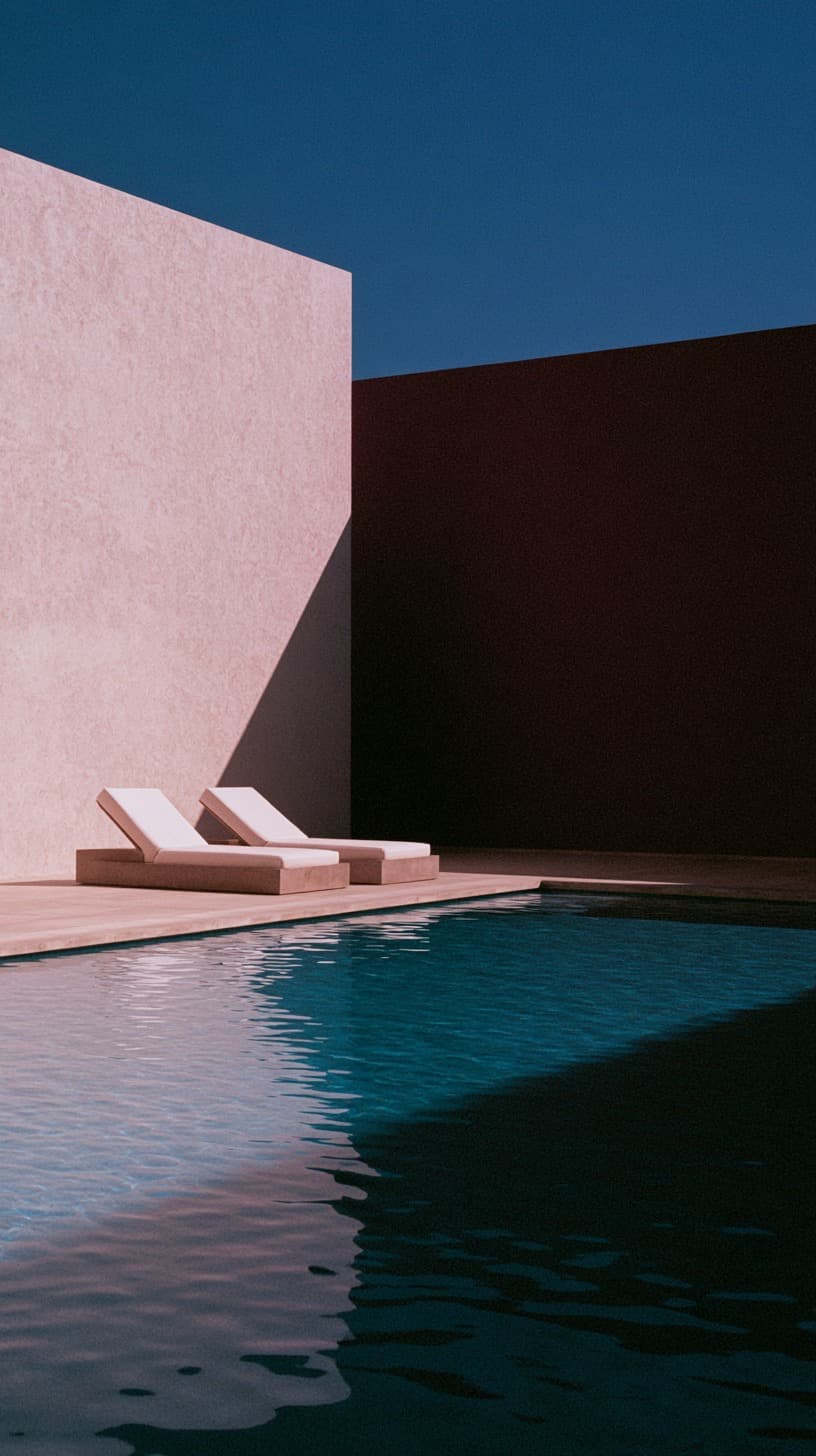 Blush Walls and Still Water: architecture, pool — AI-generated Architecture image made with Midjourney