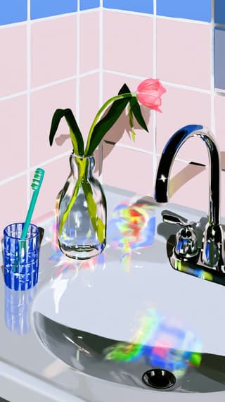 Tulip on a Pink Tile Sink: bathroom, illustration — AI-generated Concept Art image made with Midjourney
