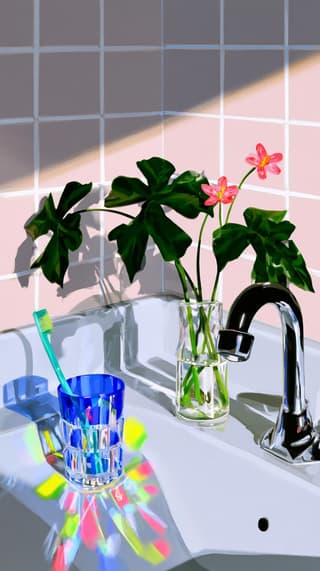 Sunlit Sink Still Life: bathroom, illustration — AI-generated Concept Art image made with Midjourney