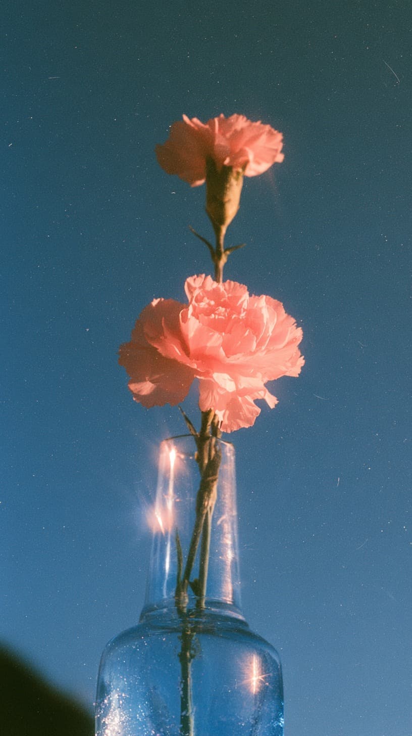 Two Carnations in Blue Glass: flowers, carnation — AI-generated Photorealistic image made with Midjourney