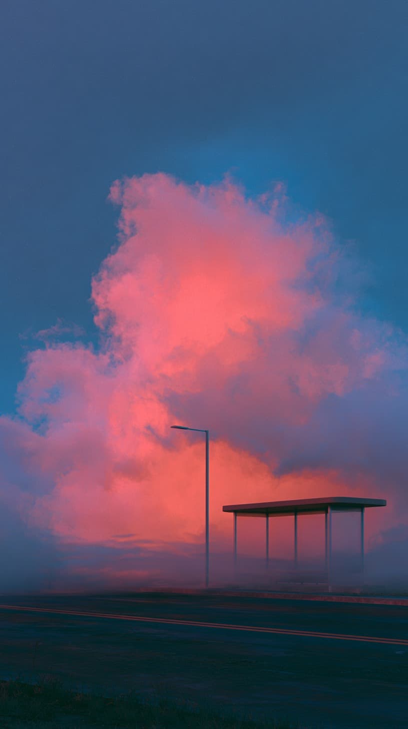 Shelter Under a Pink Cloud: roadside, clouds — AI-generated Photorealistic image made with Midjourney