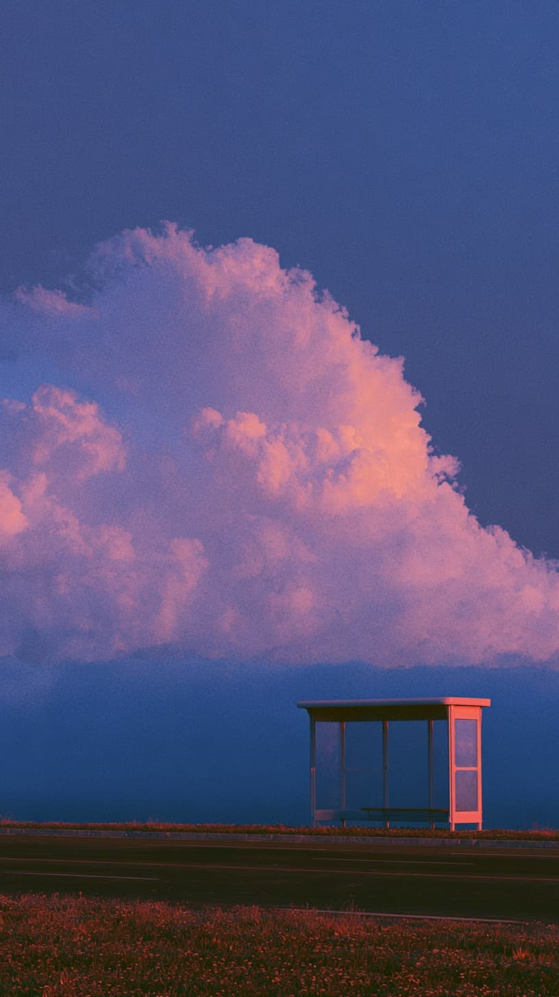 Bus Stop and a Rising Cloud: roadside, clouds — AI-generated Photorealistic image made with Midjourney