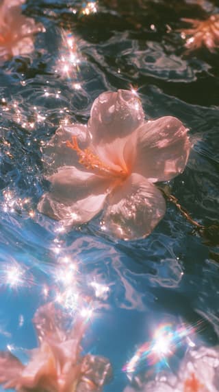 Hibiscus on Sunlit Water: flowers, water — AI-generated Photorealistic image made with Midjourney