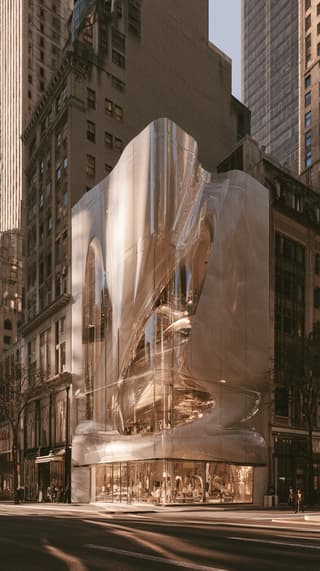 Wrapped Flagship on the Corner: architecture, storefront — AI-generated Architecture image made with Midjourney