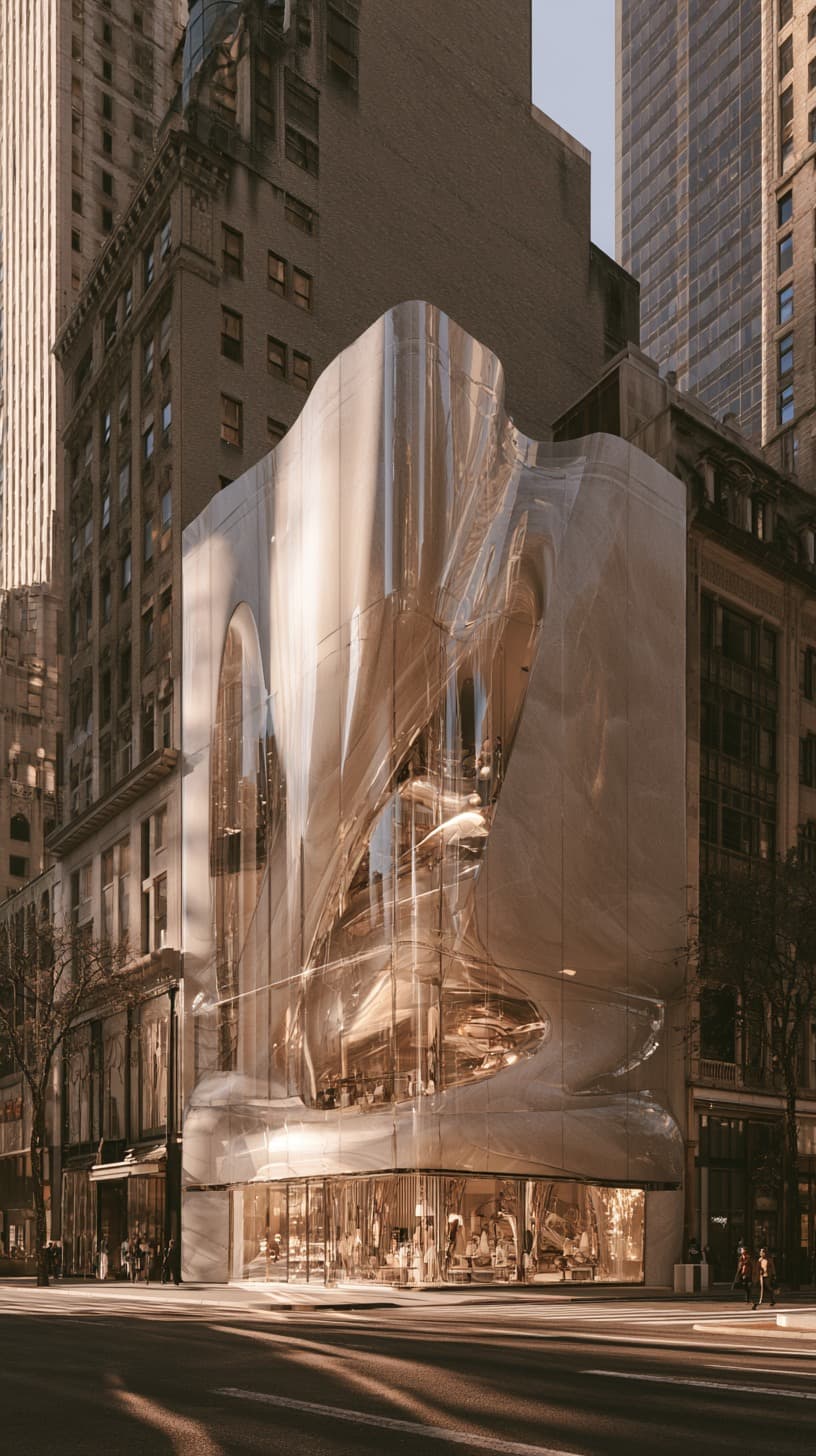Wrapped Flagship on the Corner: architecture, storefront — AI-generated Architecture image made with Midjourney
